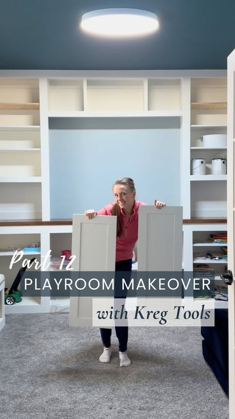 Instagram post by @livinglarsonhome for Kreg Tool. Caption reads: The doors are installed and dare I say all the....