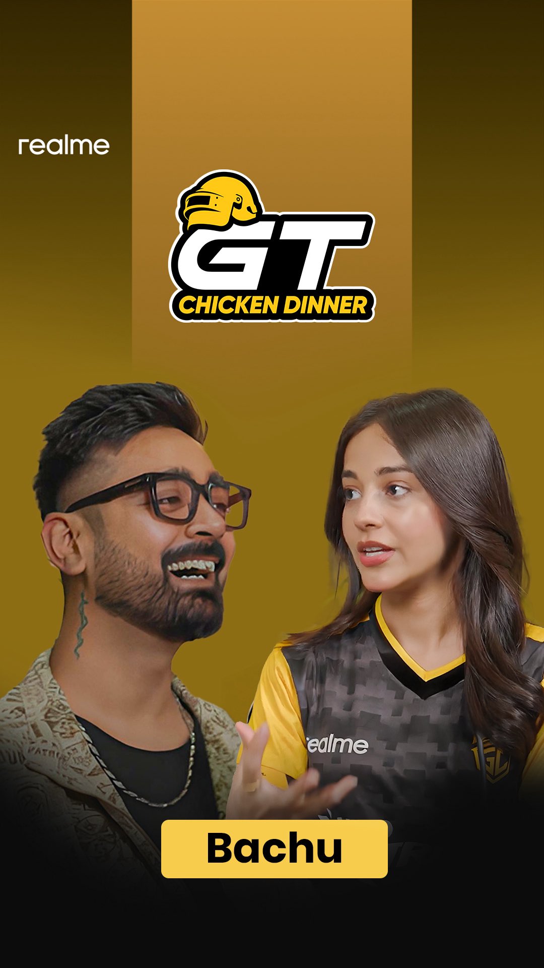 Instagram post by @_bachuuuu for Realme. Caption reads: Tried the #realmeGT7Series on GT7 Chicken Dinner....