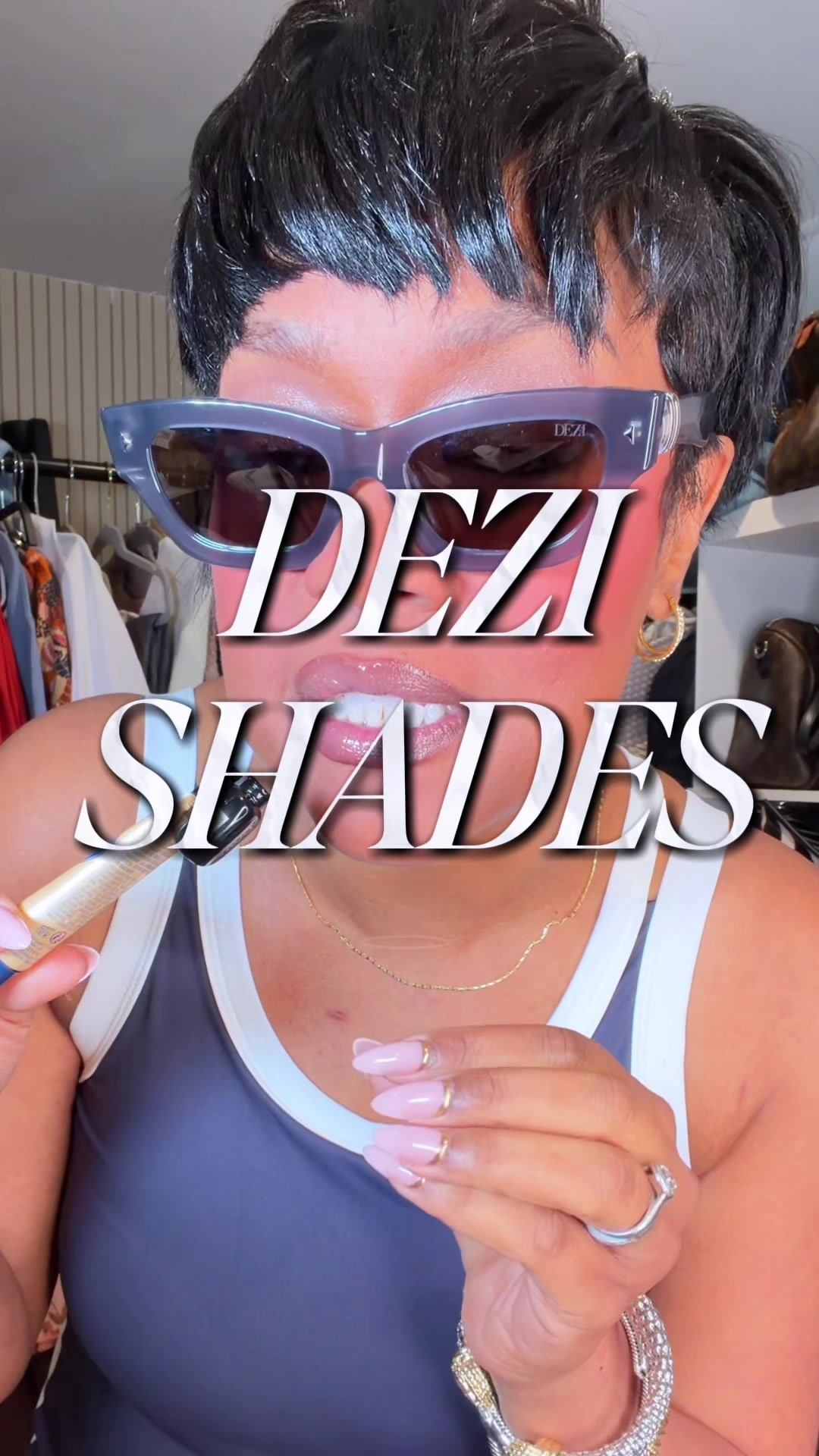 TikTok post by @kimmykouture for DEZI. Caption reads: Running these @DEZI EYEWEAR shades back all....