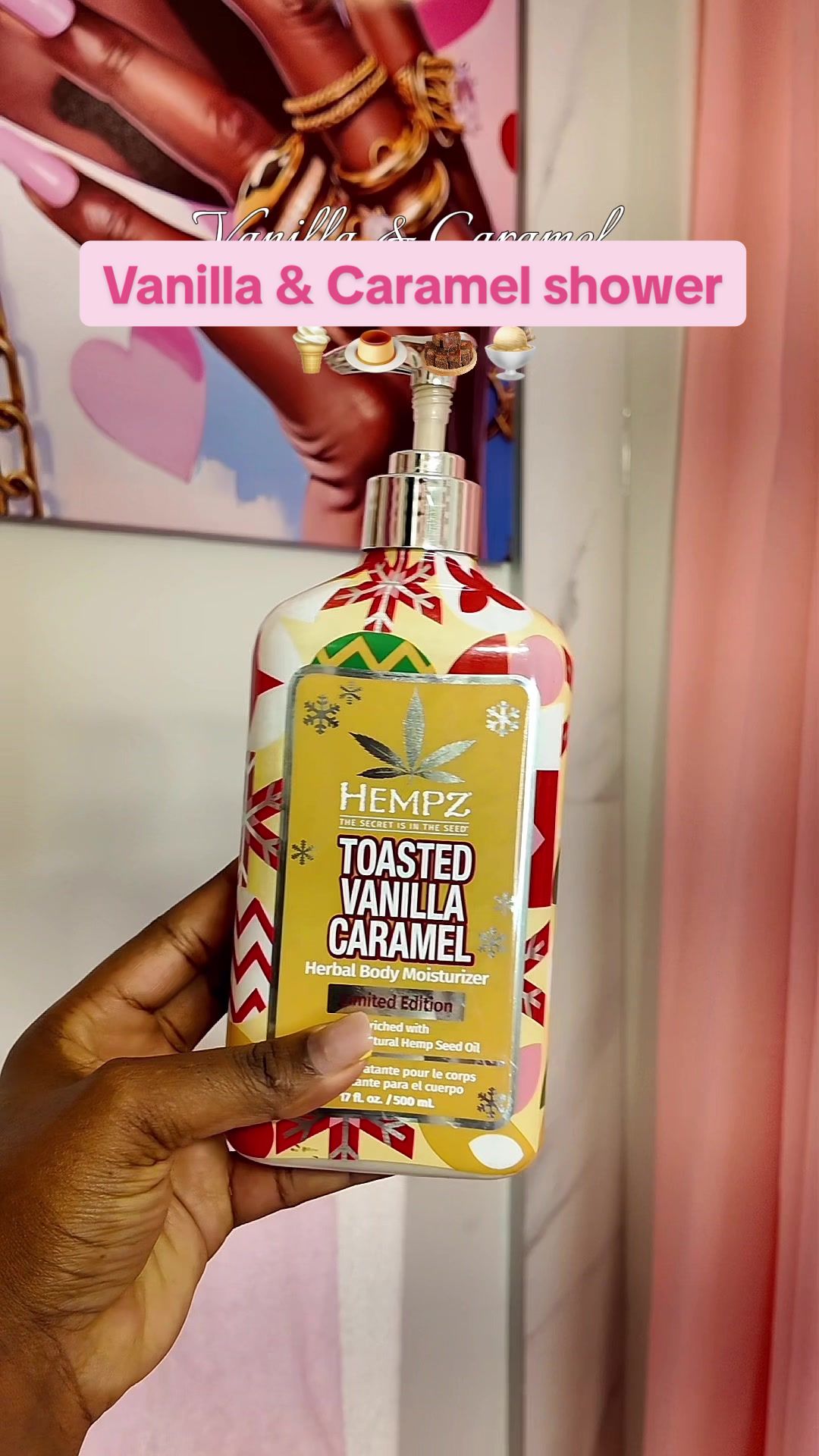 TikTok post by @callmechrissy8 for Hempz. Caption reads: Smelling like a walking vanilla latte 🧸🤎 Vanilla....