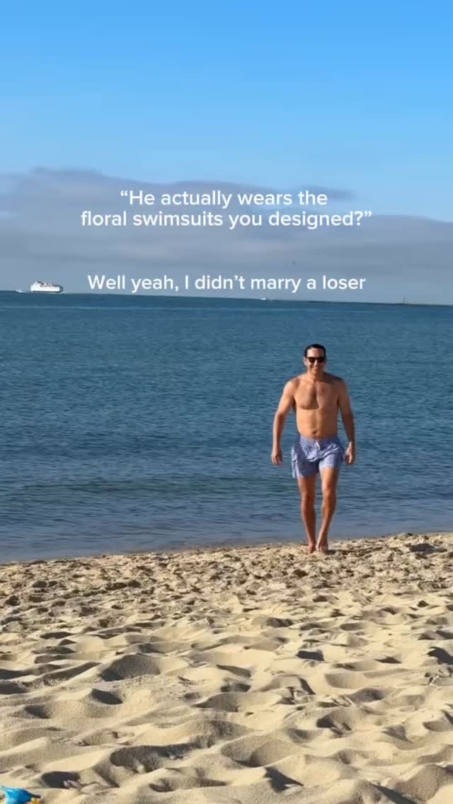 Instagram post by @nelliediamond for Hill House Home. Caption reads: Nice man, nice floral bathers 🫶🏻 (it was his....