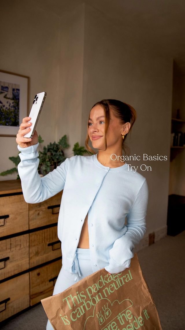 Instagram post by @chloeplumstead for Organic Basics. Caption reads: ad 🐻 FYI the 10% off code is PLUM10 & not....