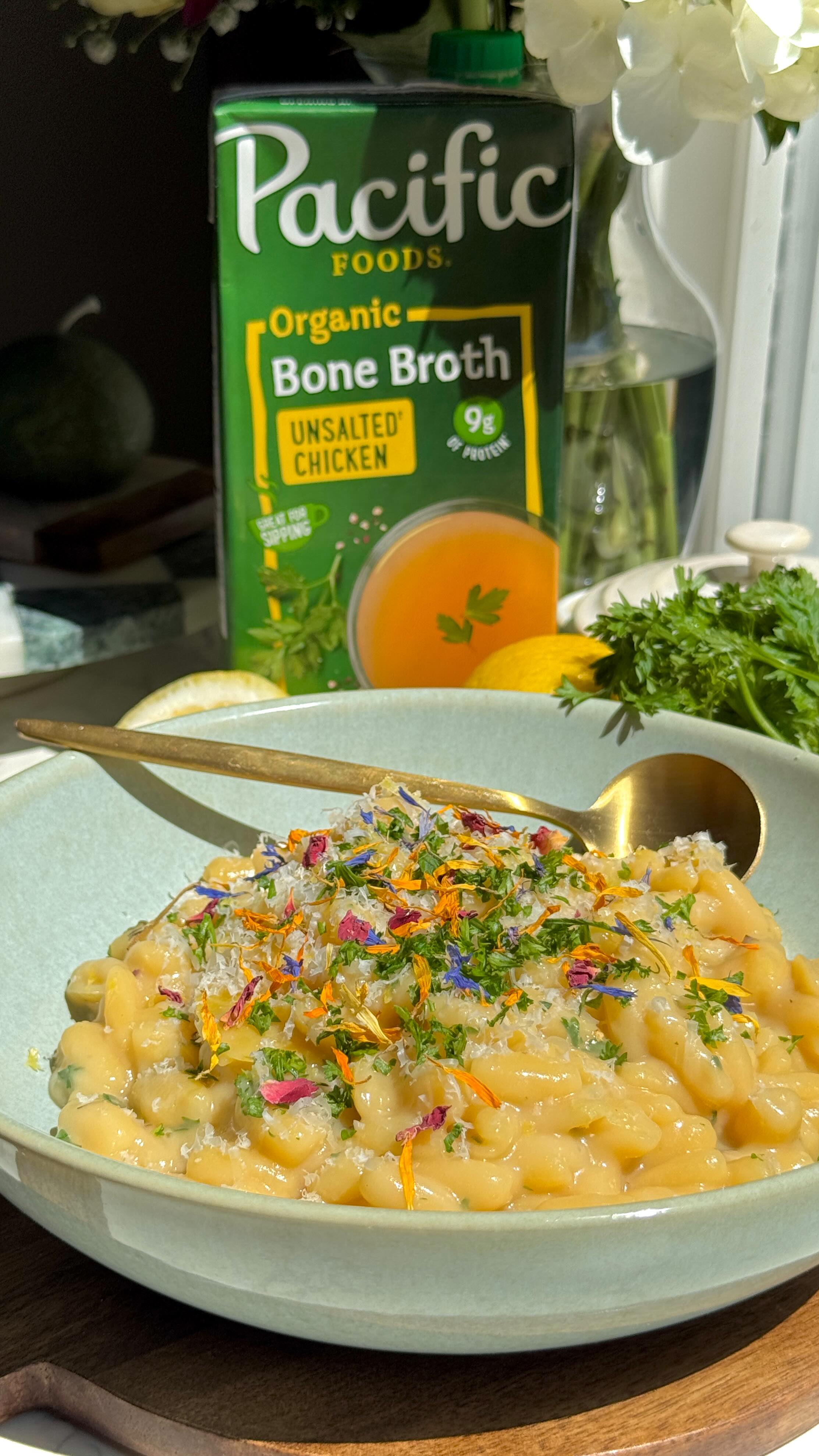 Instagram post by @violetcooksthings for Pacific Foods. Caption reads: Light enough for summer, nourishing enough to keep....