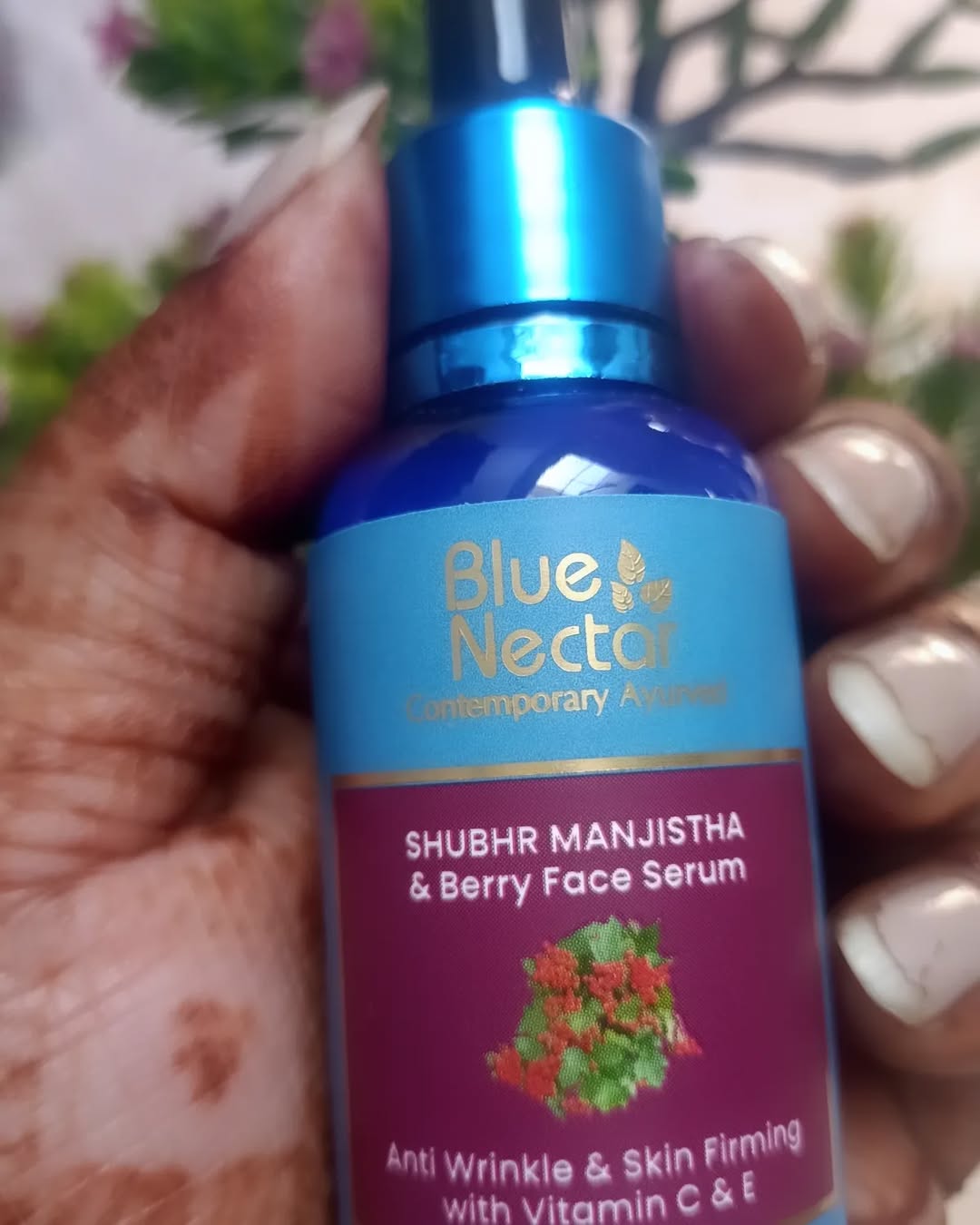 Instagram post by @agarwalmamtaa99 for Blue Nectar. Caption reads: Blue Nectar Manjistha Vitamin C Face Serum for....