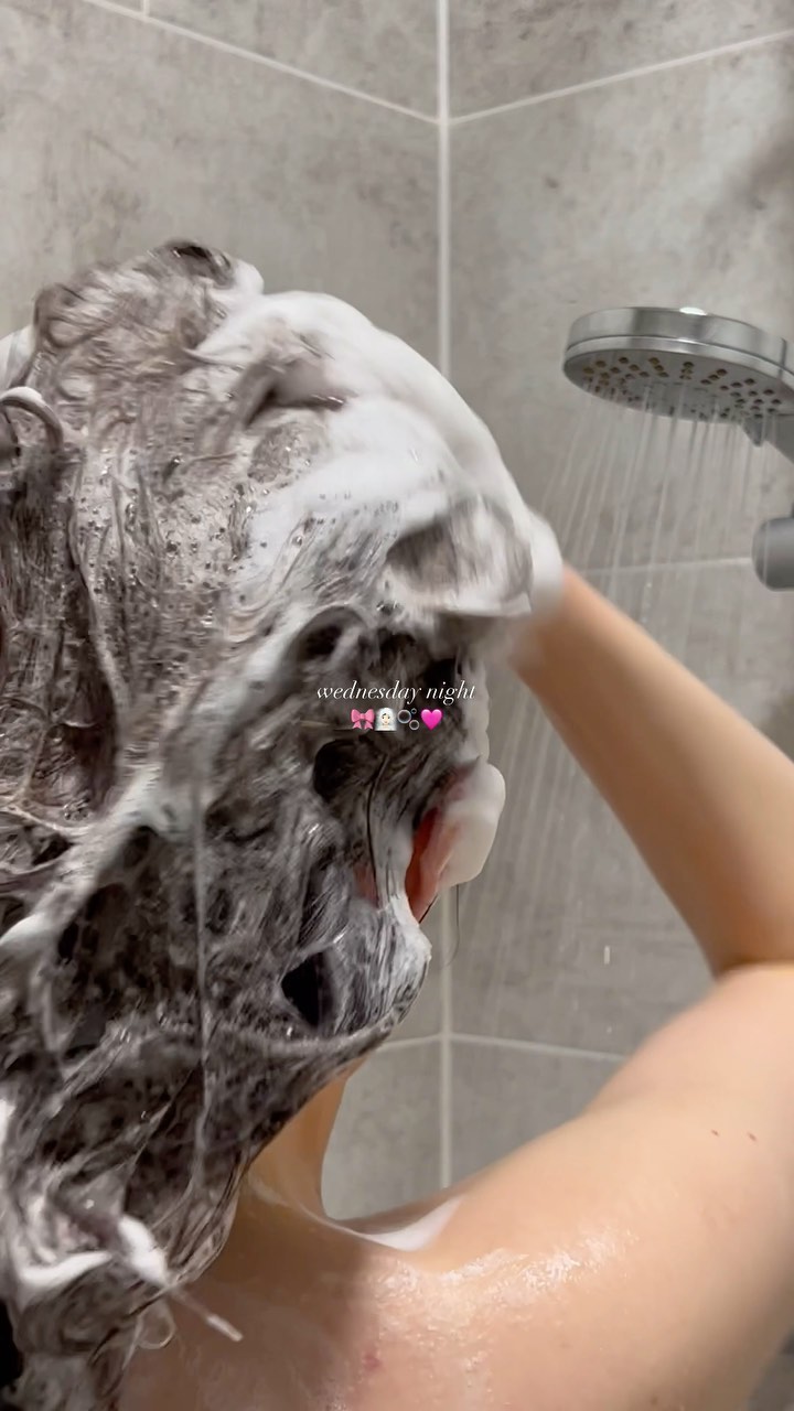 Instagram post by @rebeccariddlex for Cocoandeve. Caption reads: asmr wednesday night routine🎀🧖🏻‍♀️🫧🩷....