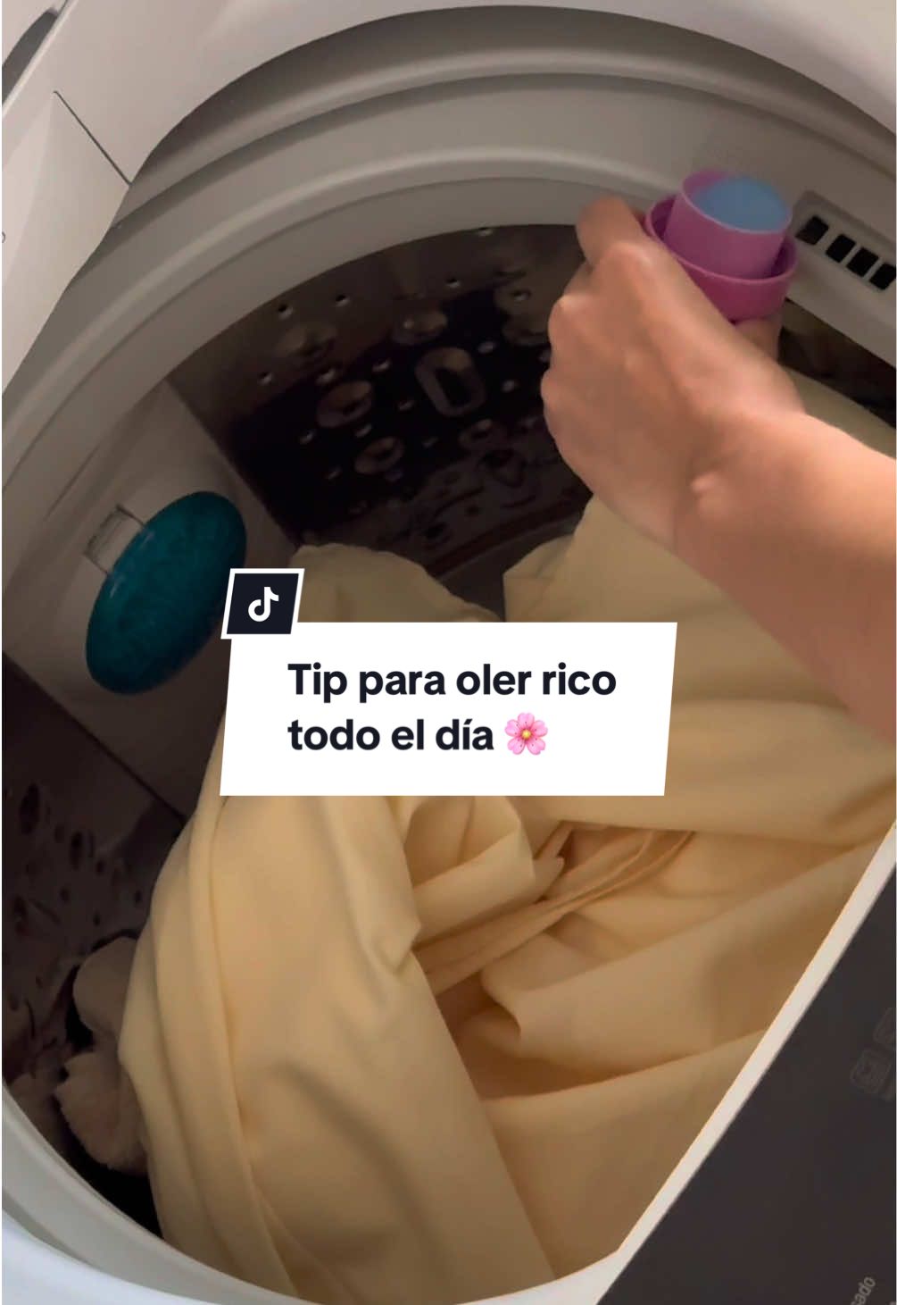 TikTok post by @pame.luc for downy. Caption reads: ✅Tip de oro….para que tu ropa huela rico TODO EL....