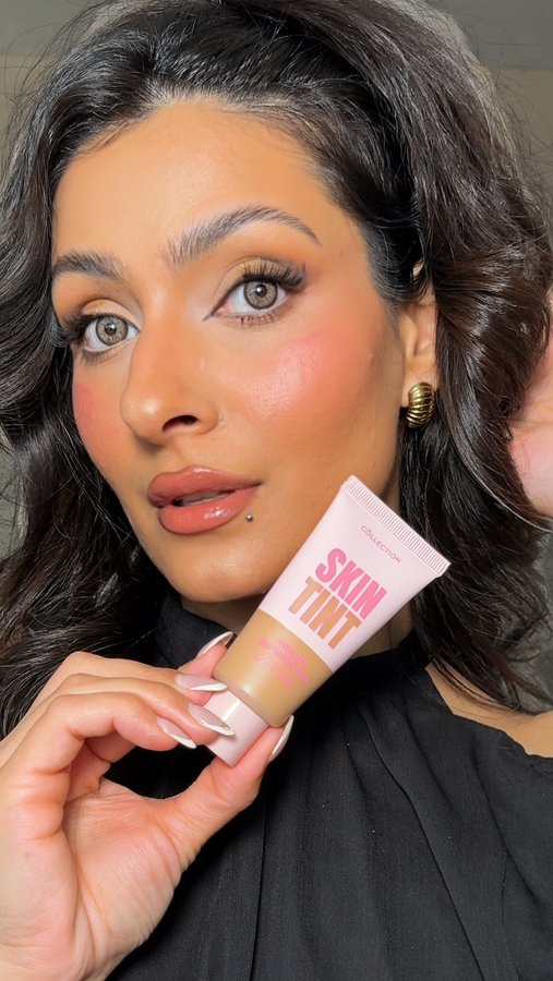 Instagram post by @iqraaqadirkhan for Collection Cosmetics. Caption reads: @collectioncosmetics_uk new skin tint in shade....