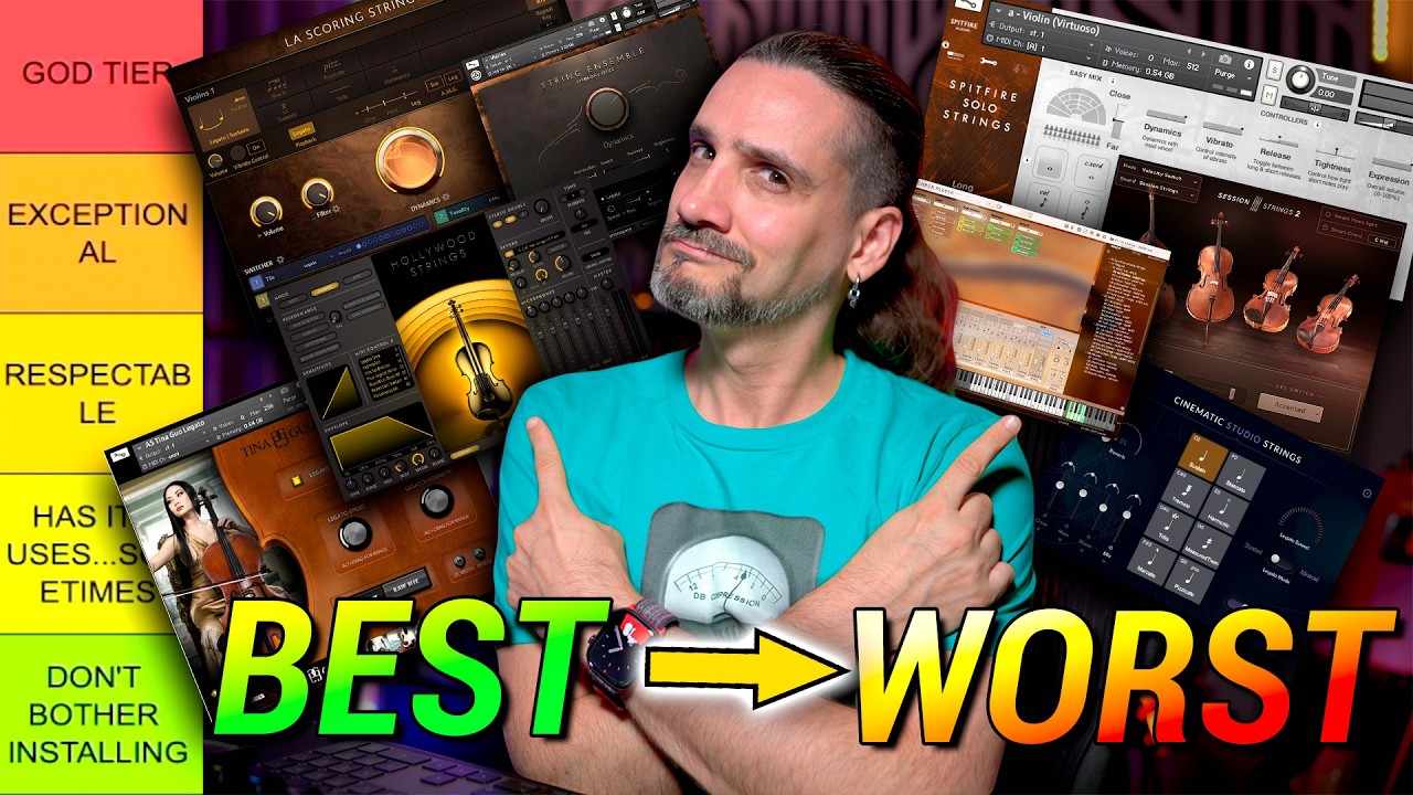 YouTube post by @DomSigalas for Thomann. Caption reads: Ranking 25 TOP String Libraries from BEST to....