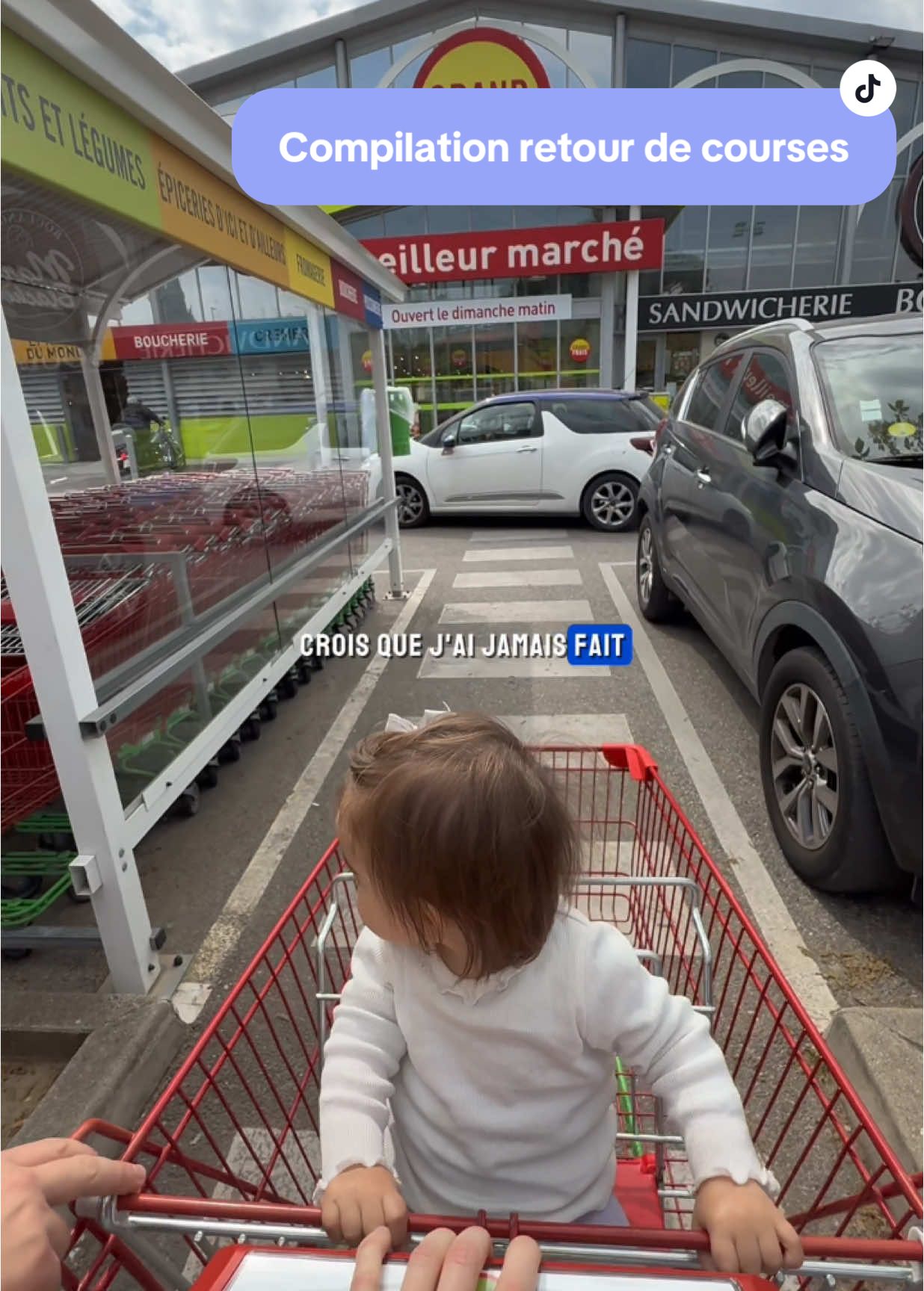 TikTok post by @chlooe.brn for E.Leclerc. Caption reads: [...] #jeuneparent #courses #retourdecourses....