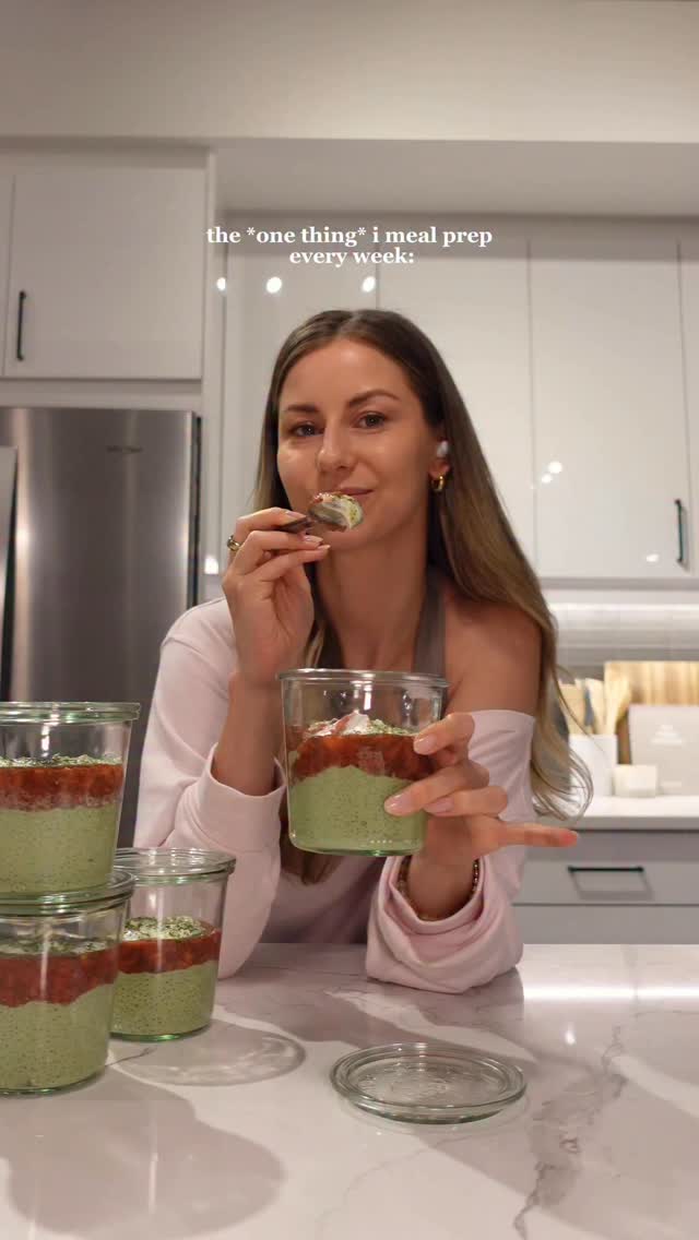 Instagram post by @christinaaa.thornton for Truvani. Caption reads: STRAWBERRY MATCHA CHIA PUDDING 🍓🍵

Makes 4....