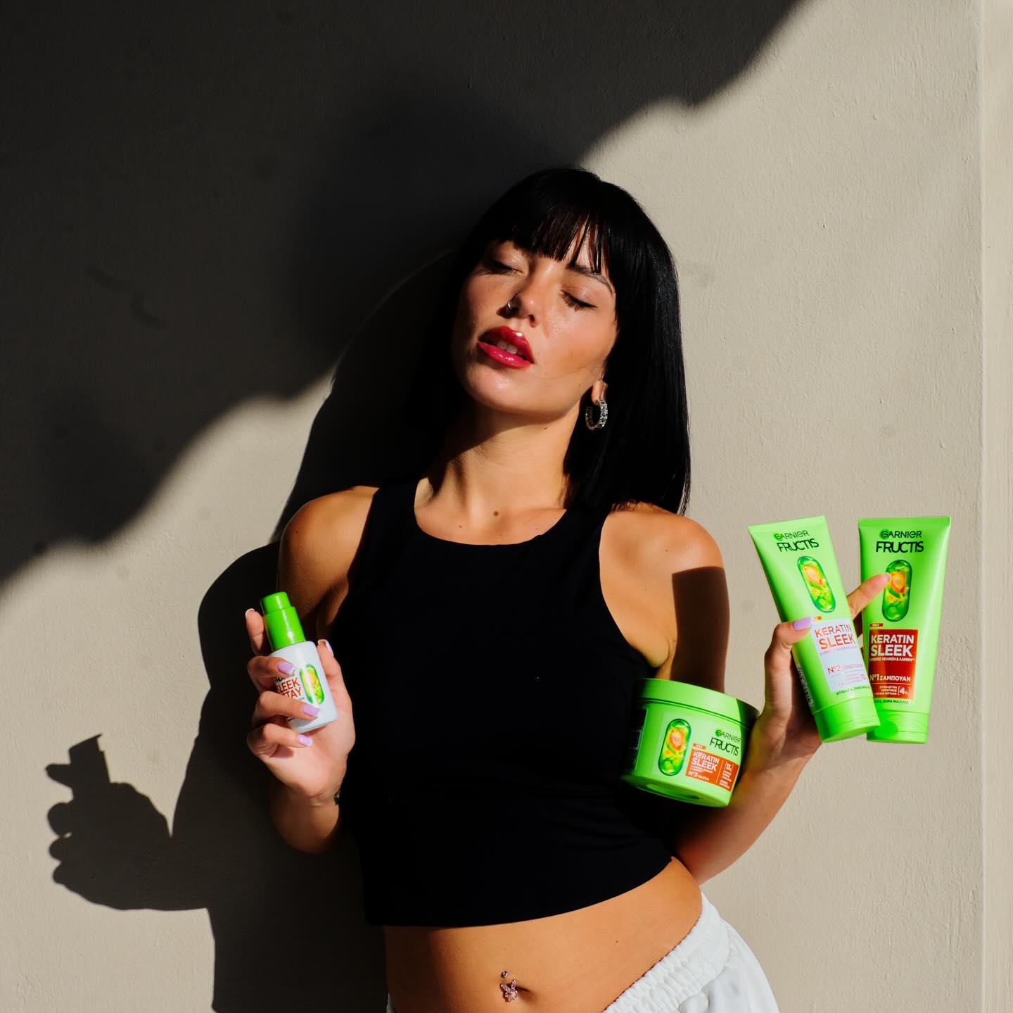 Instagram post by @marseaux.wnc for Garnier Greece. Caption reads: #ad ✨ Shampoo, conditioner, μάσκα & serum....