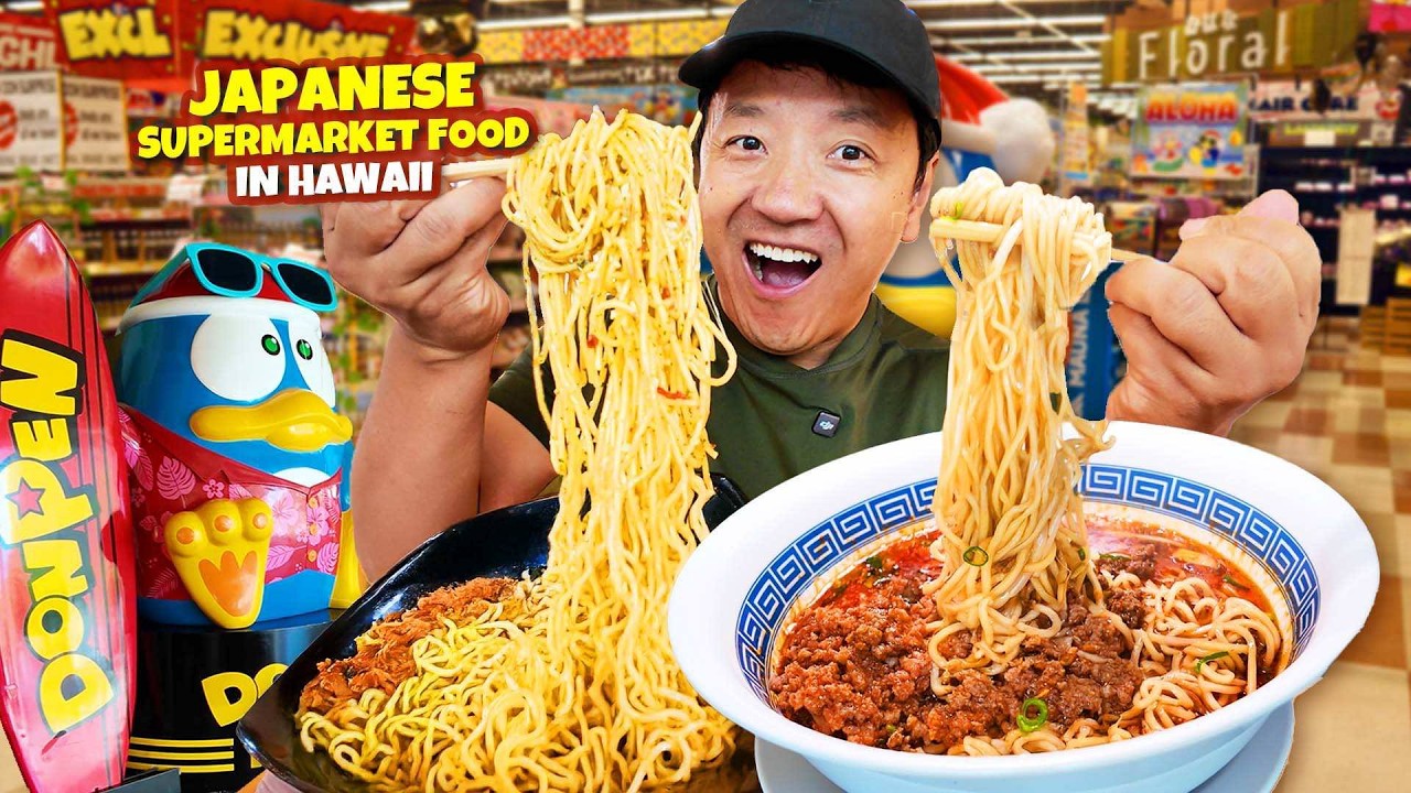 YouTube post by @strictlydumpling for TokyoTreat. Caption reads: Eating ONLY Japanese SUPERMARKET FOOD in Hawaii |....