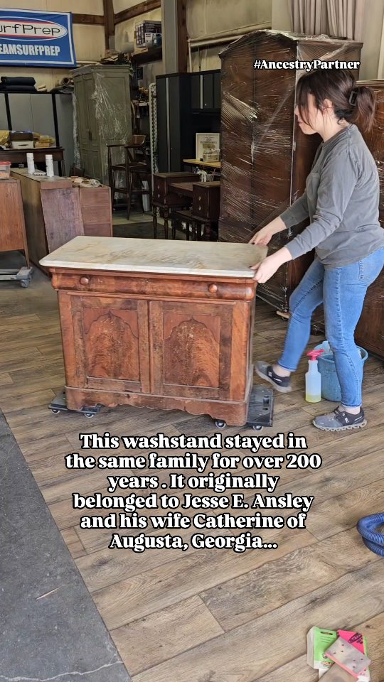 Instagram post by @savedbydesign.tn for Ancestry. Caption reads: #ad This washstand is one of four pieces I....