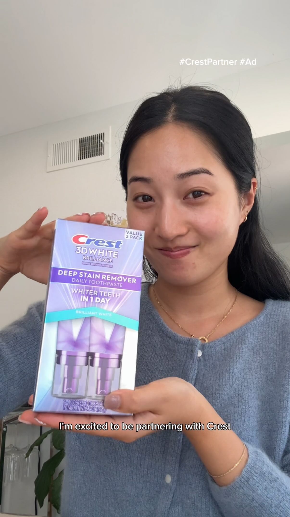 Instagram post by @sallykim7 for Crest. Caption reads: #CrestPartner #ad I usually don’t trust claims....