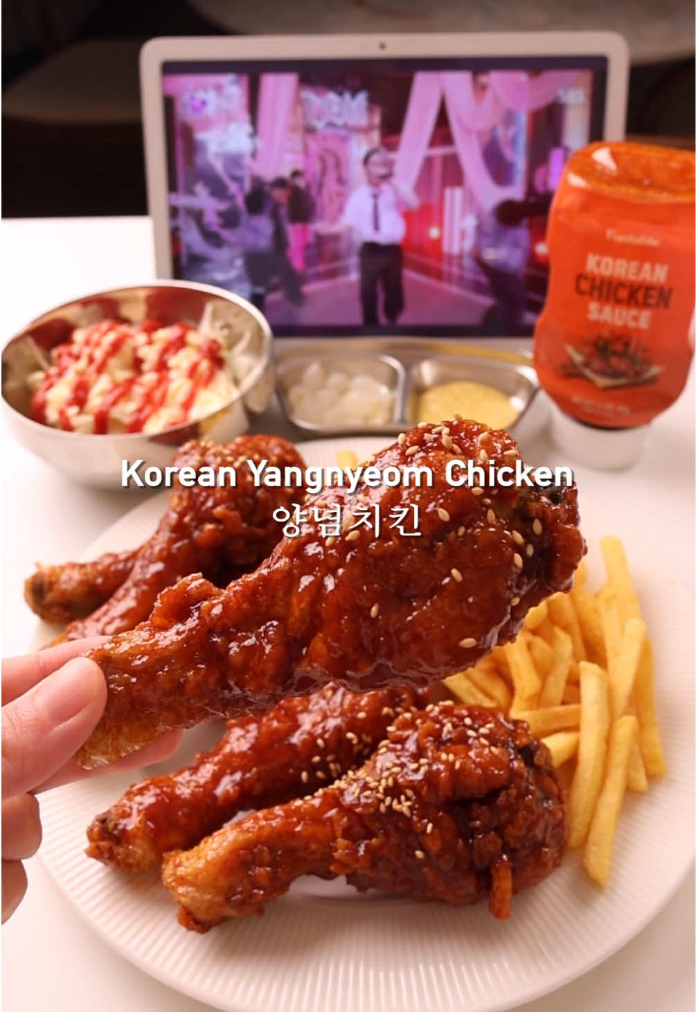 TikTok post by @blonde_kimchi for Bloomkare. Caption reads: [...] 🍗 They use this Yangnyeom sauce. @Bloomkare....