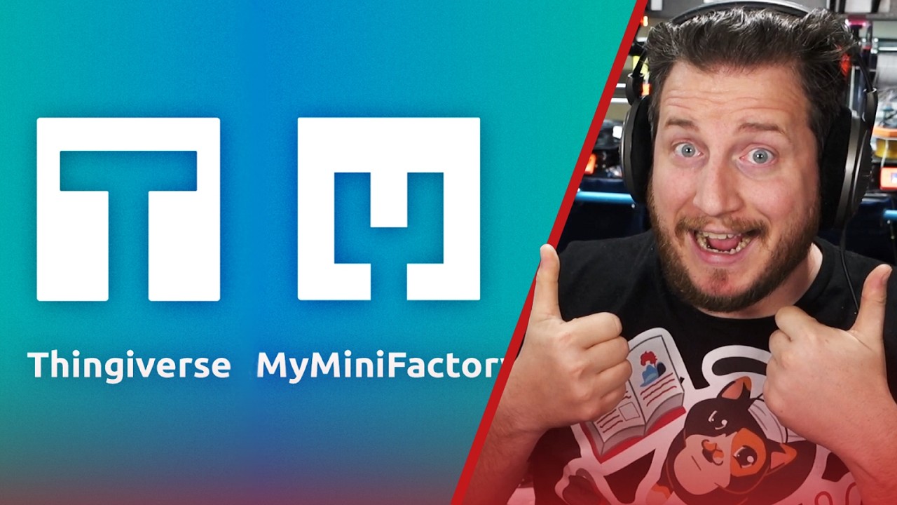 YouTube post by @3DMusketeers for Thingiverse. Caption reads: MyMiniFactory BOUGHT Thingiverse!? - 3DM....