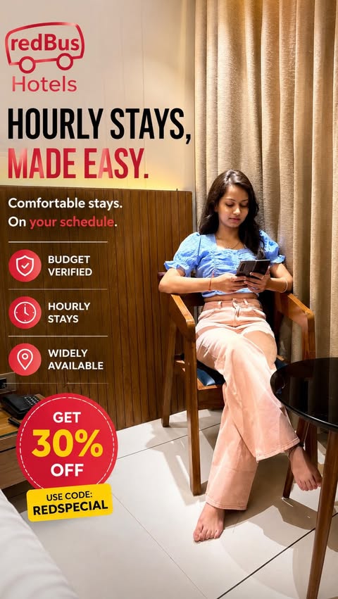 Instagram post by @so_sonam19 for RedBus. Caption reads: [...] stays.🫶🏻😍 Hourly stays made easy with....