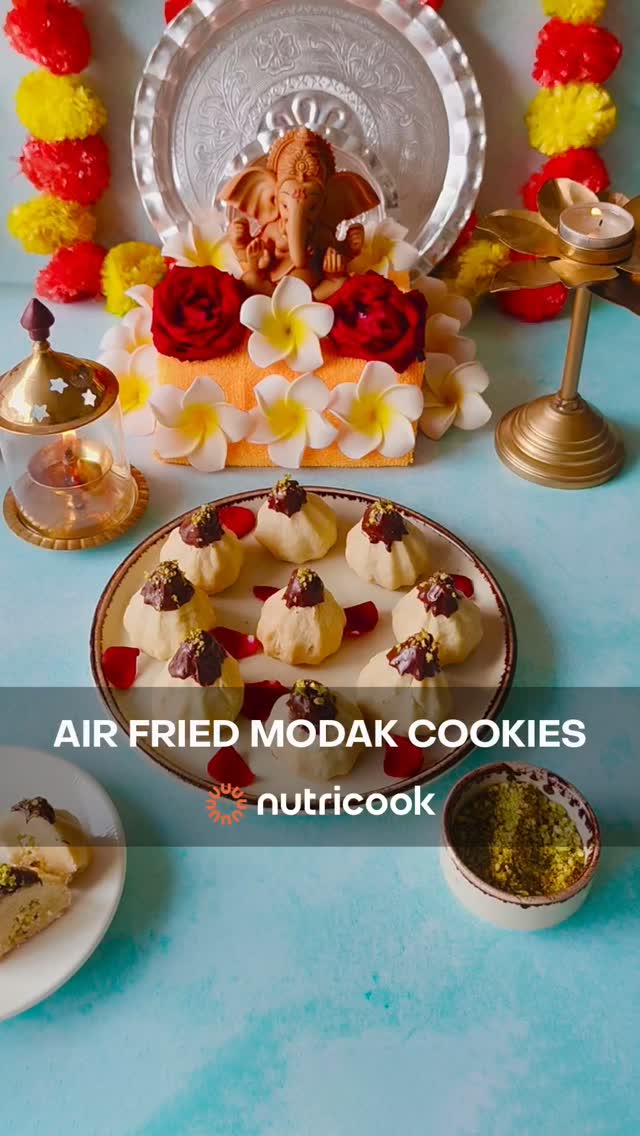 Instagram post by @romisrecipe for Nutricook India. Caption reads: Air Fried Modak....