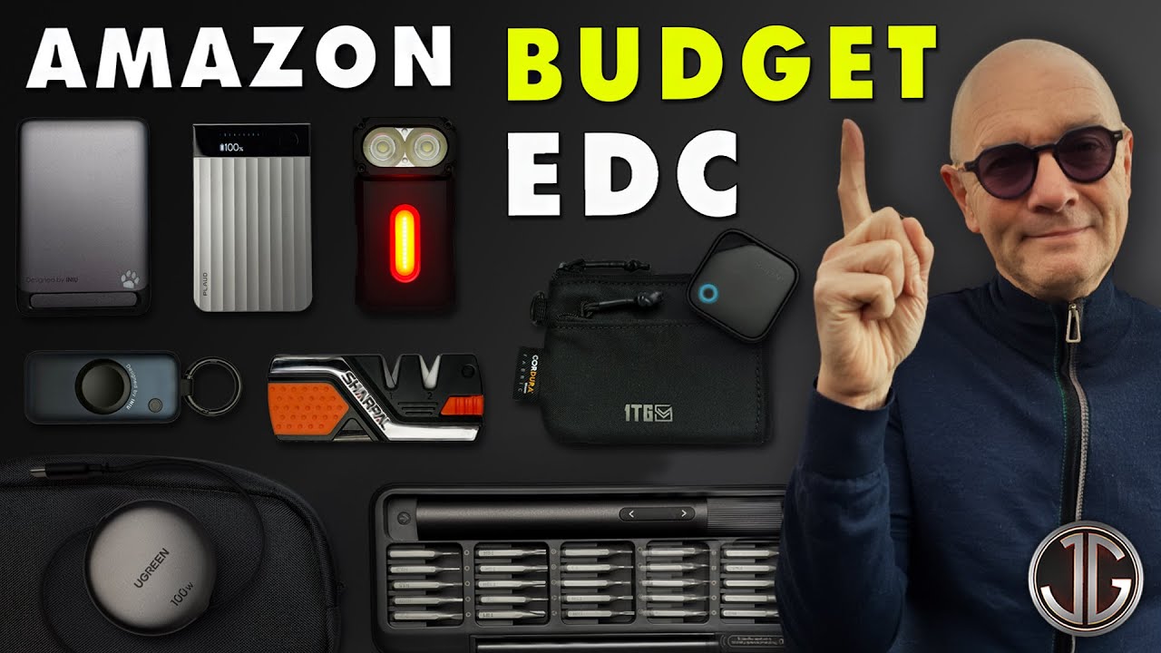 YouTube post by @JonGadget for ALPAKA. Caption reads: Best Budget EDC & Tech on Amazon 2025 (Everyday....