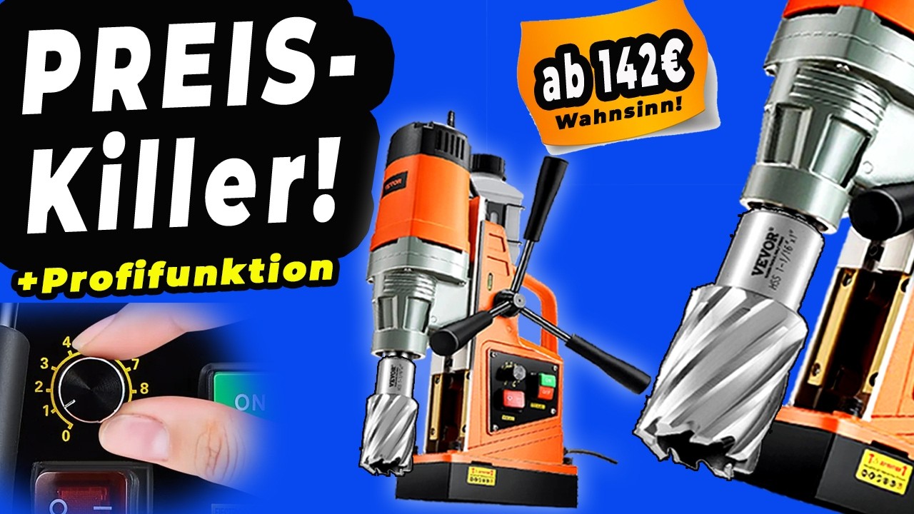 YouTube post by @ManfredWelding for VEVOR. Caption reads: INSANE magnetic drilling machines at a bargain....