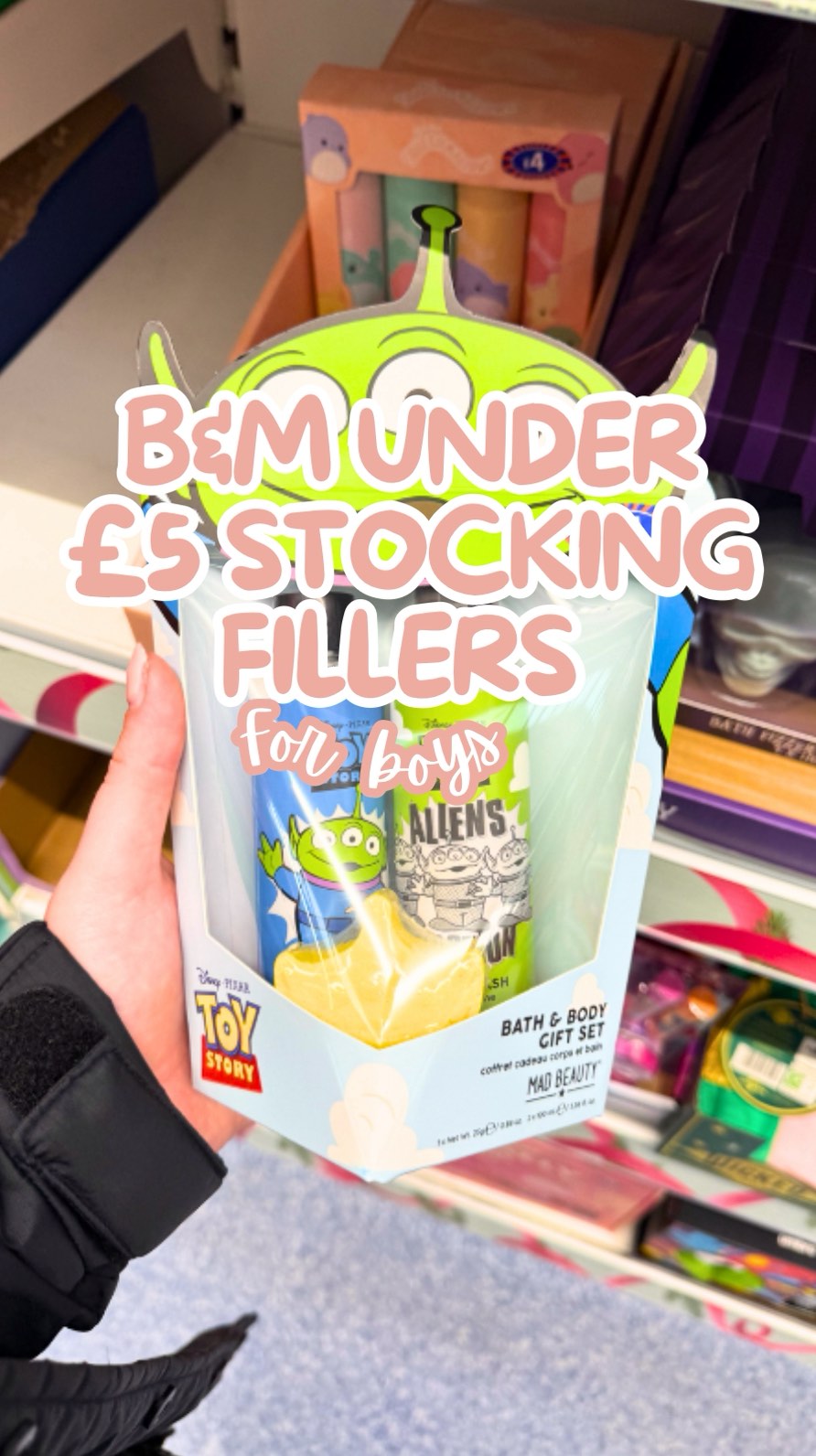 Instagram post by @budgetmumsoph for B&M Stores. Caption reads: Boys Stocking fillers from b&m for under £5!....