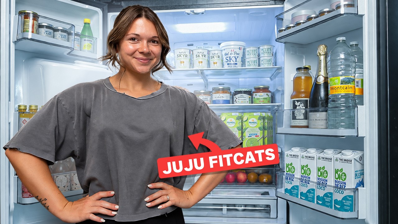 YouTube post by @jujufitcats for My Executive Room. Caption reads: JUJU FITCATS REVEALS HER FRIDGE! (the whole truth....