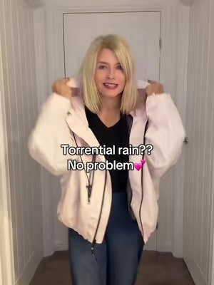 TikTok post by @adelefrances7 for PUFFIT UK Shop. Caption reads: @PUFFIT.UK.SHOP the raincoat in baby pink! Love....