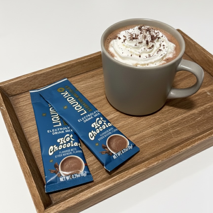 Instagram post by @fun_fearless_beauty for Liquid IV. Caption reads: Meet @liquidiv Hydration Multiplier® Hot Chocolate....