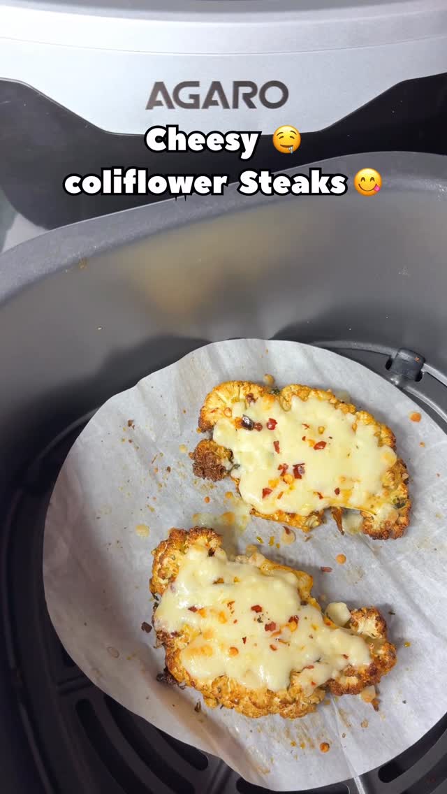 Instagram post by @testy_fun for AGARO Lifestyle. Caption reads: Cheesy coliflower steaks 😋(Air Fryer Style)....