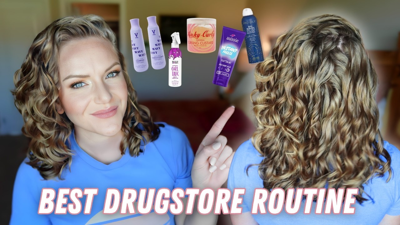 YouTube post by @SwavyCurlyCourtney for Ponyflo Hats. Caption reads: Drugstore Wavy Hair Routine (2A, 2B, 2C Hair) --....