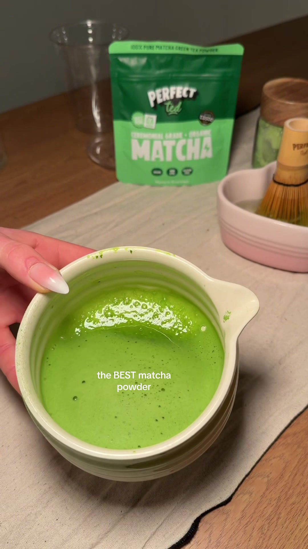 TikTok post by @dais.mua for PerfectTed. Caption reads: [...] matcha 🤭 #matchapowder #matchaathome....