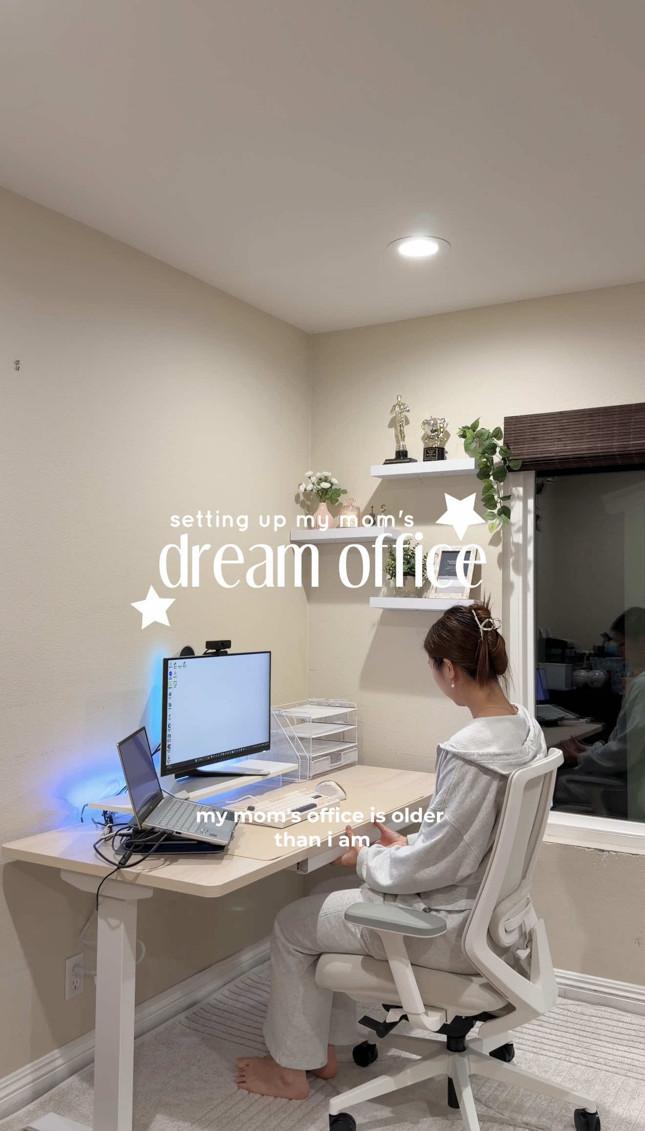 TikTok post by @charlene.hao for Branch Furniture. Caption reads: set up my mom's dream office with me 🪴💻💛 she....