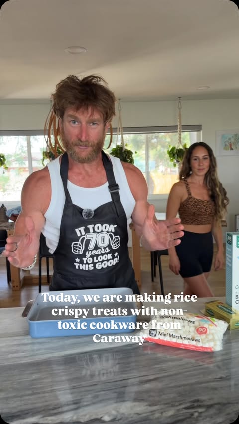 Instagram post by @erichinman for Caraway. Caption reads: Rice crispy treats = superfood for endurance....