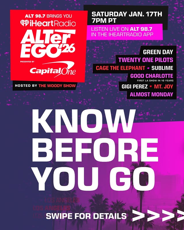 Instagram post by @alt987fm for iHeartRadio. Caption reads: 🚨 ALTer EGO 2026 Know Before You Go! Swipe ➡️ to....