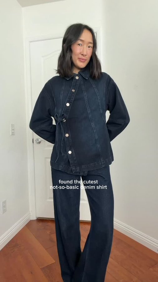 Instagram post by @itsyourgirlsamanthaaa for Damson Madder. Caption reads: [...] buttons, bow & dark denim?! SO good!....