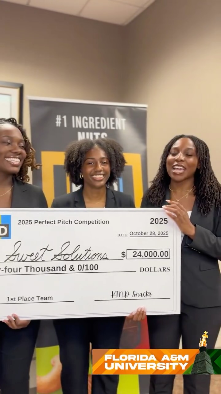 Instagram post by @famu_1887 for KIND Snacks. Caption reads: Congratulations to our KIND 2025 Perfect Pitch....