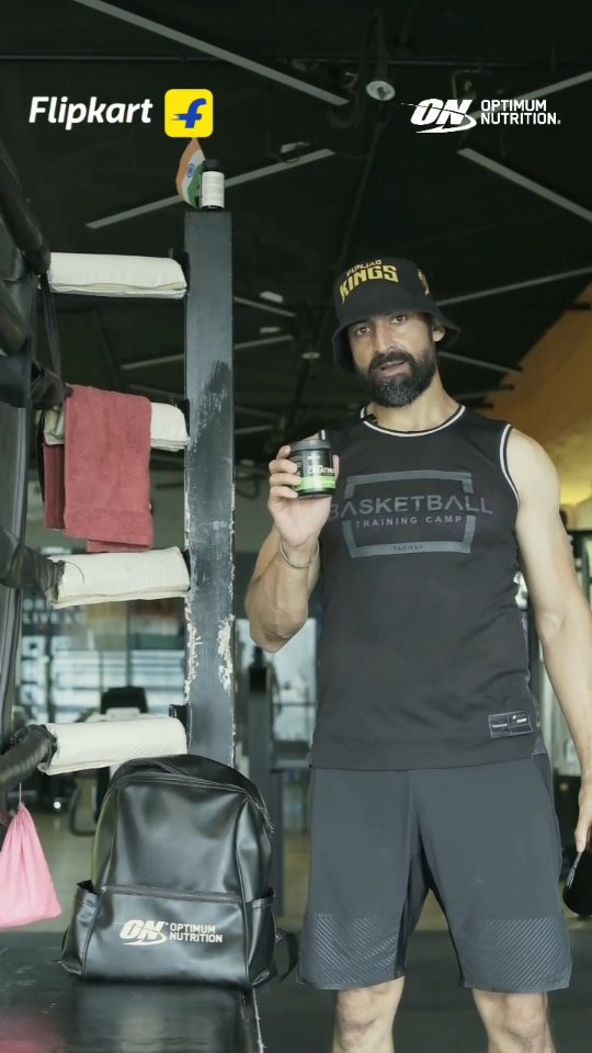 Instagram post by @vikramjeetvirk for Optimum Nutrition Egypt. Caption reads: Vikramjeet trains with Optimum Nutrition’s new....