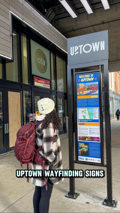 Instagram post by @flos_favorites for Choose Chicago. Caption reads: The colorful new “Wayfinding Signs” in Uptown are....
