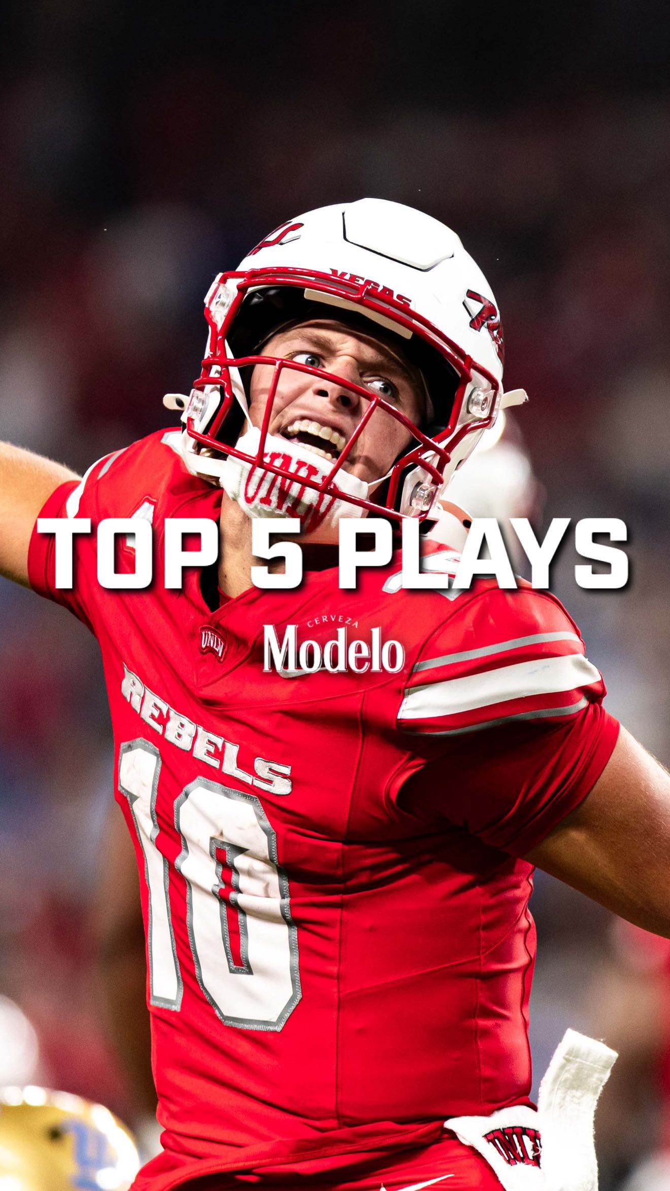 Instagram post by @unlvfootball for Modelo USA. Caption reads: Top 5️⃣ plays so far…👀 Presented by @modelousa.....