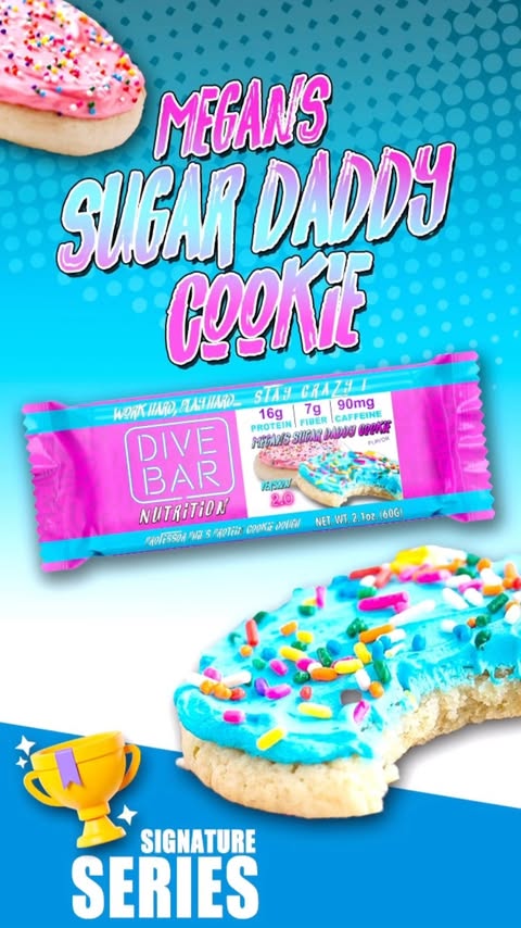 Instagram post by @megans.mission for Dive Bar Nutrition. Caption reads: Megan had a VISION for her Sugar Daddy Cookie bar....