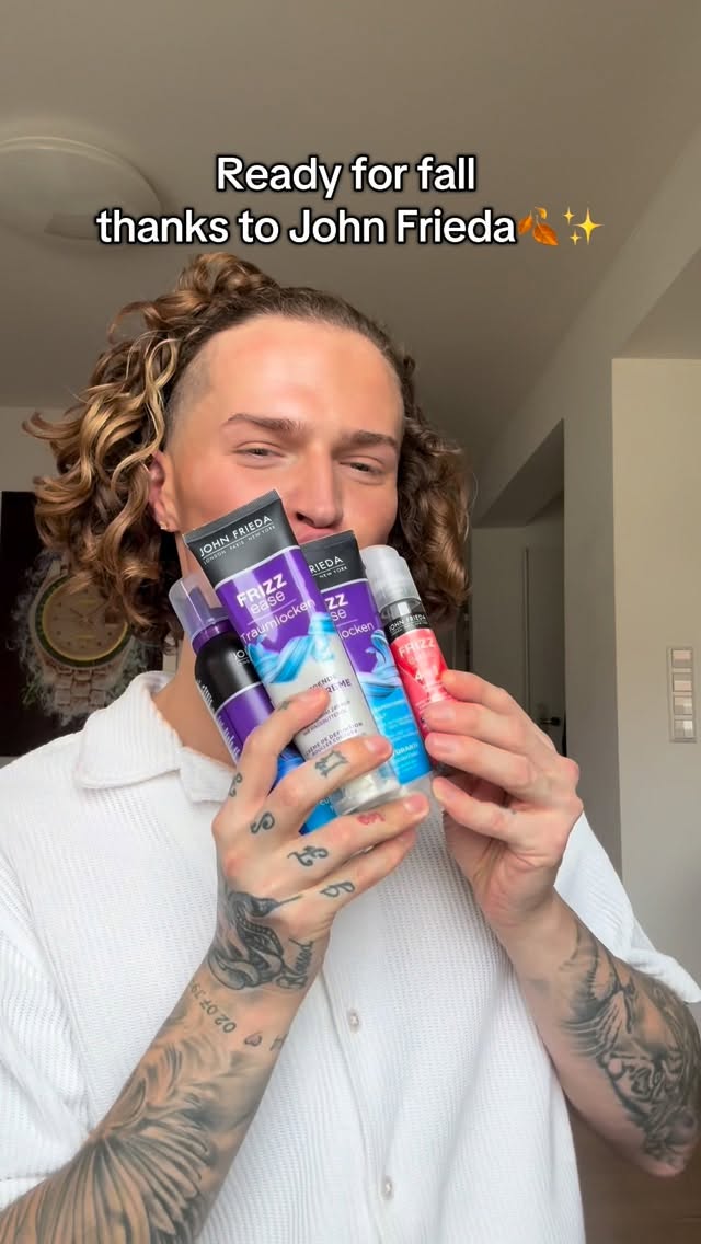 Instagram post by @fabricegoff for John Frieda. Caption reads: BRING BACK MY DAMAGED CURLS WITH @johnfriedaus....