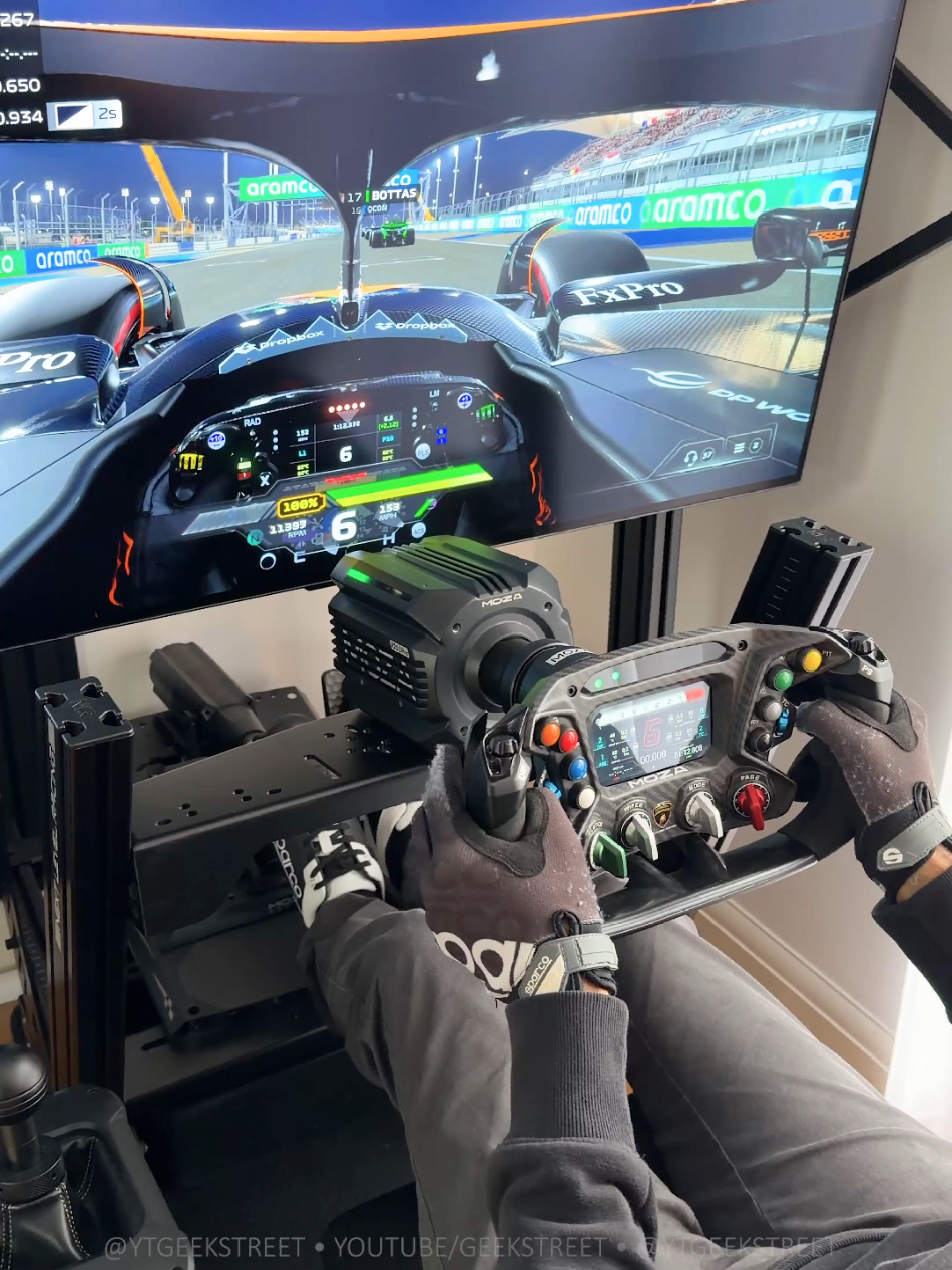 TikTok post by @ytgeekstreet for Next Level Racing. Caption reads: [...] #simracing #mozaracing @NextLevelRacing |....