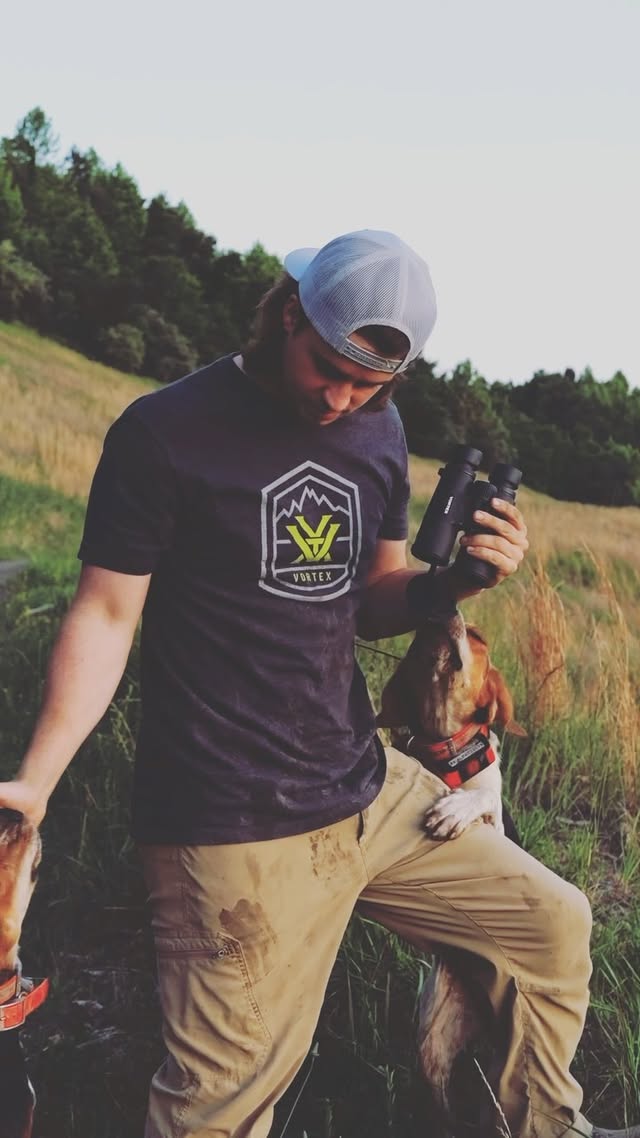 Instagram post by @kirkprice_ for Vortex Optics. Caption reads: Biscuit can make it tough to glass 😂 Vortex just....