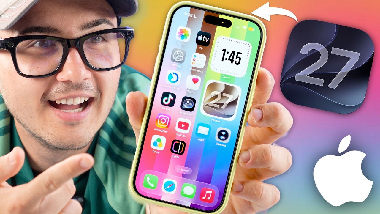 YouTube post by @MateuszKrawczyk for A. Caption reads: iOS 27 is here❗️ BEST Features and NEW Updates you....
