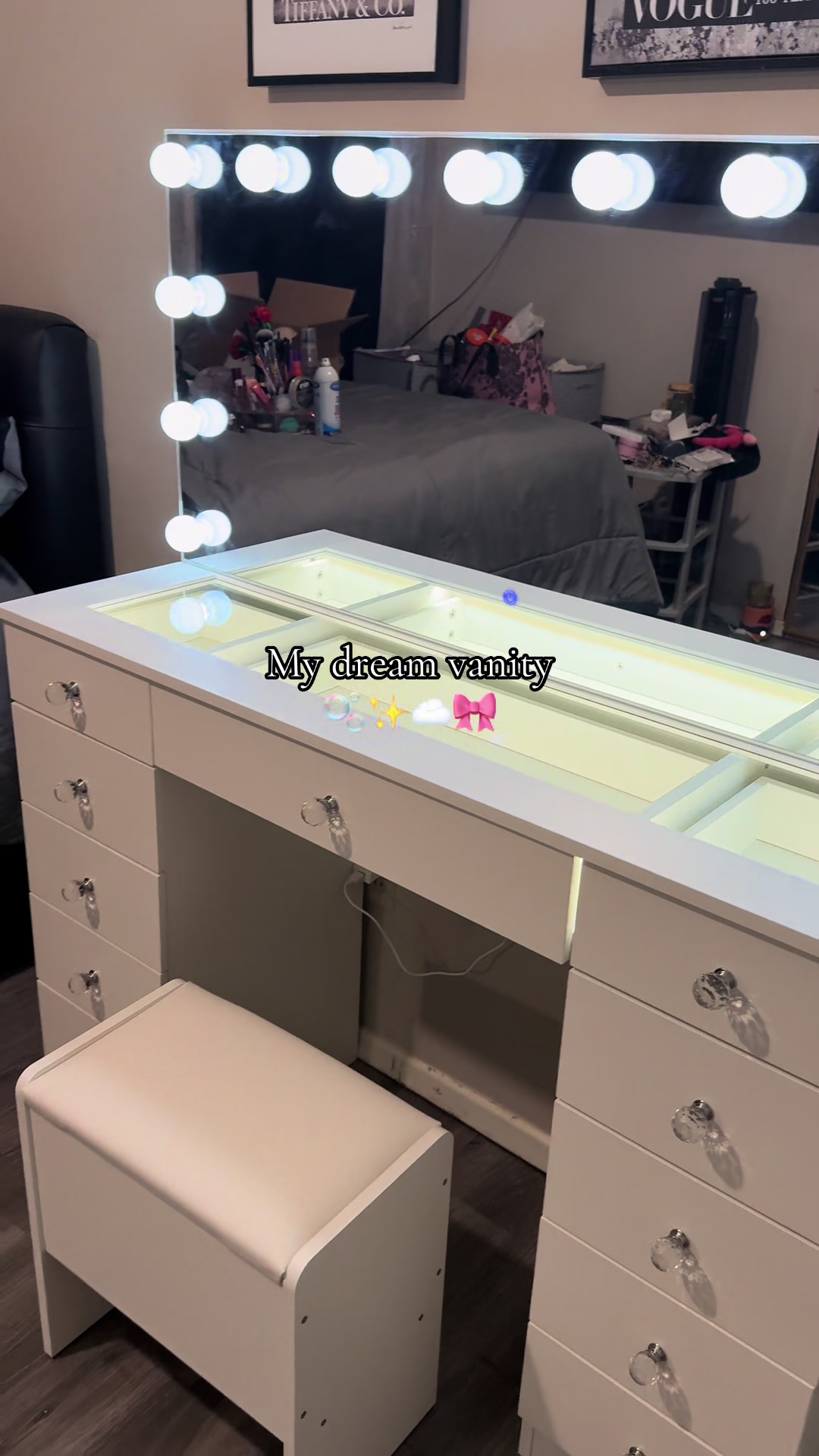 TikTok post by @adriannaherreraa for VOWNER. Caption reads: I'm inlove with my new vanity from @VOWNER The....