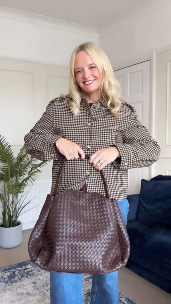 Instagram post by @dress_loving_mama for Katie Loxton. Caption reads: [...] Hand Woven Large Shoulder Bag from....