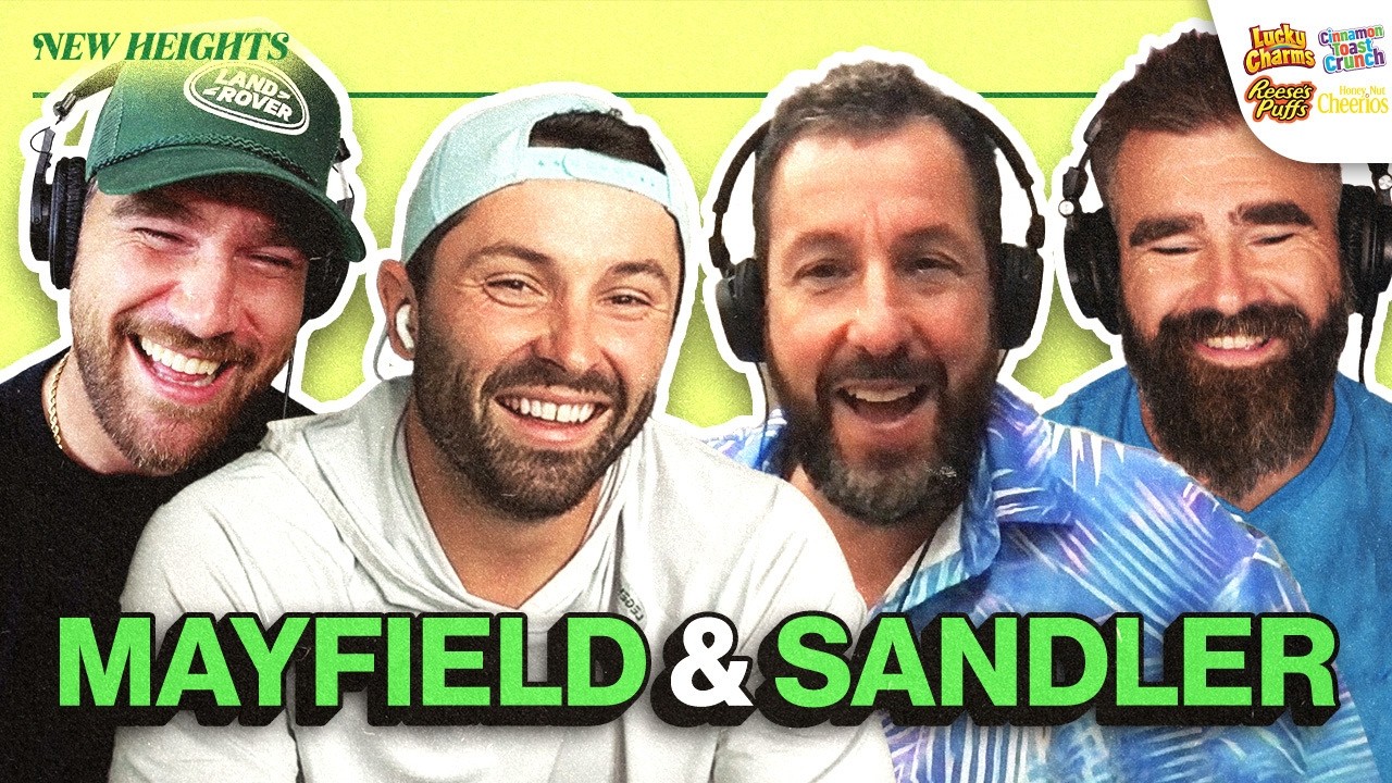 YouTube post by @newheightshow for Audible. Caption reads: Sandler Returns, Baker Mayfield's Unfinished....