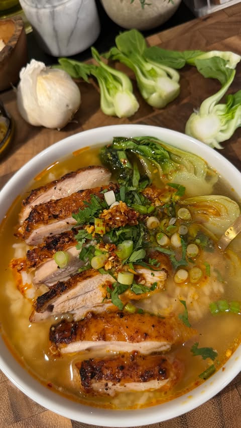 Instagram post by @trishale for Better Than Bouillon. Caption reads: Chicken brothy rice - aka canh. Simple,....