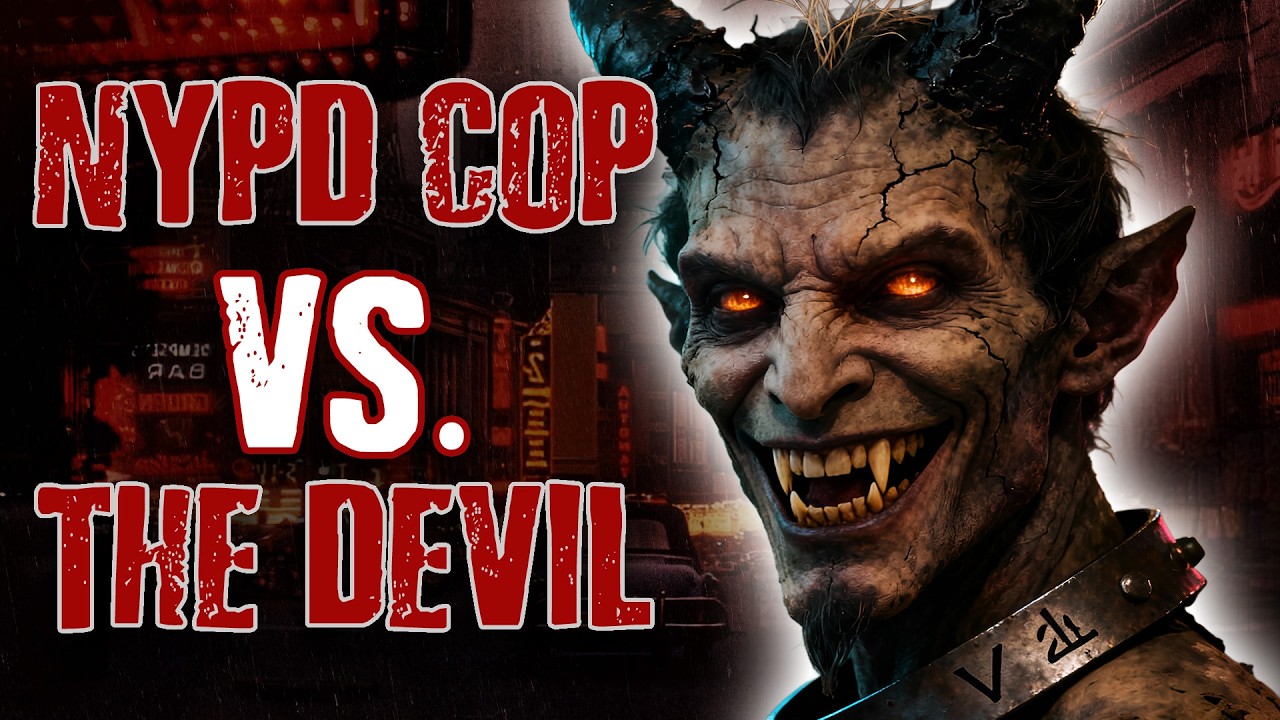 YouTube post by @ScaryMysteries for GhostBed. Caption reads: The DEVIL In New York - How a Cop Became a Demon....