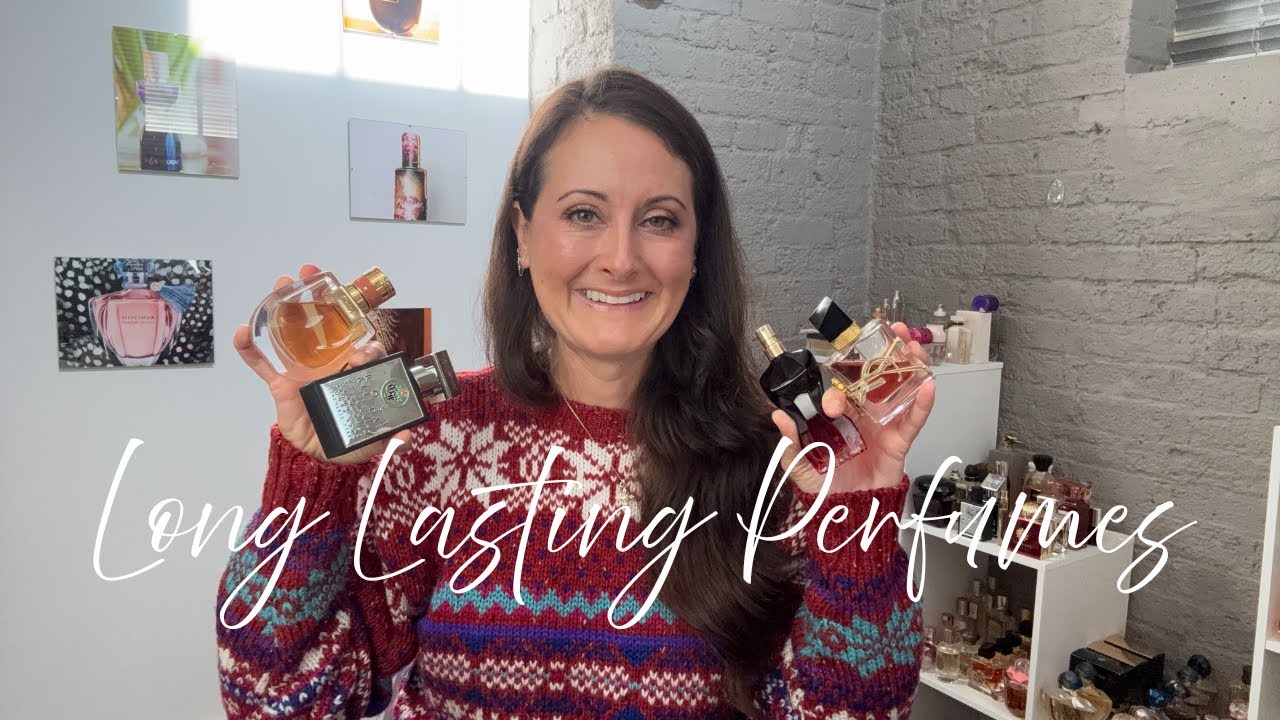 YouTube post by @SarahMayes for The Dua Brand. Caption reads: 10 Long Lasting Perfumes.